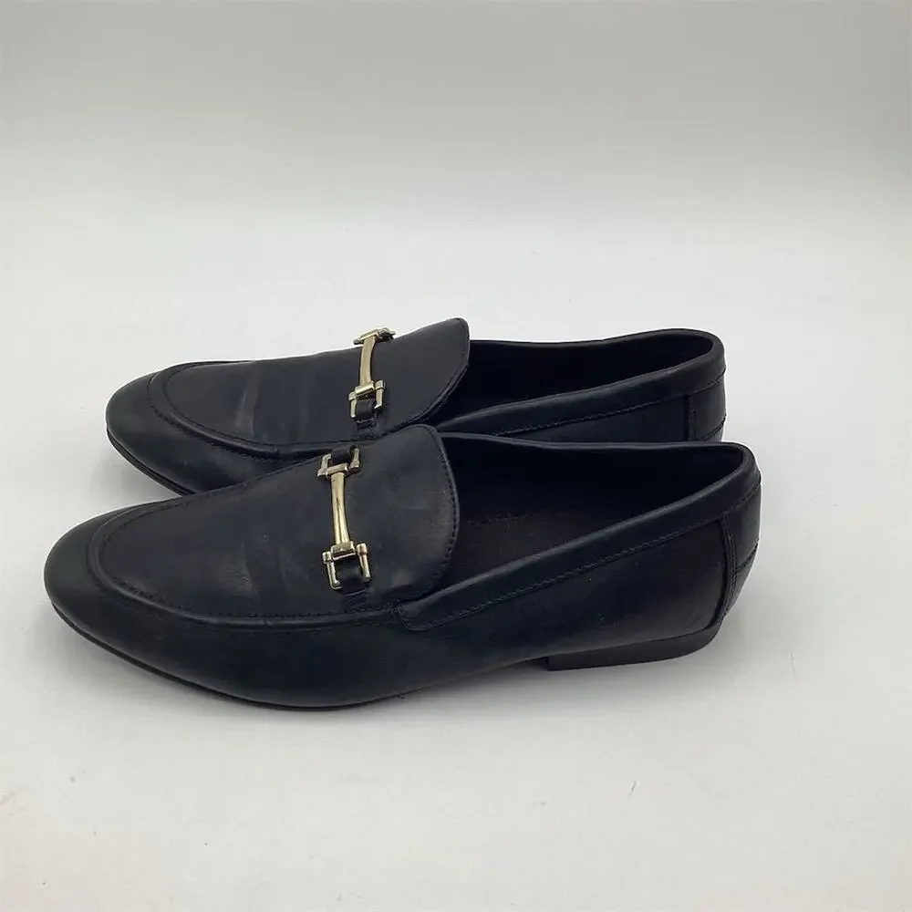 H&M Unisex Black Leather Loafers Gold Accent‎ Size 42